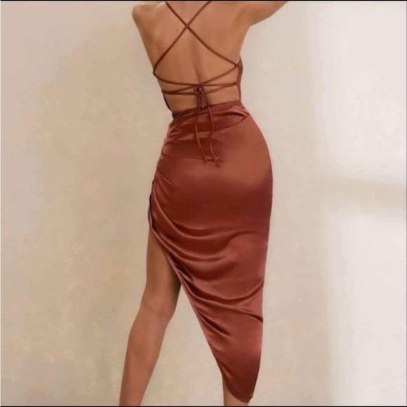 Chic Asymmetrical Satin Dress in Rich Brown - Picture 3 of 3